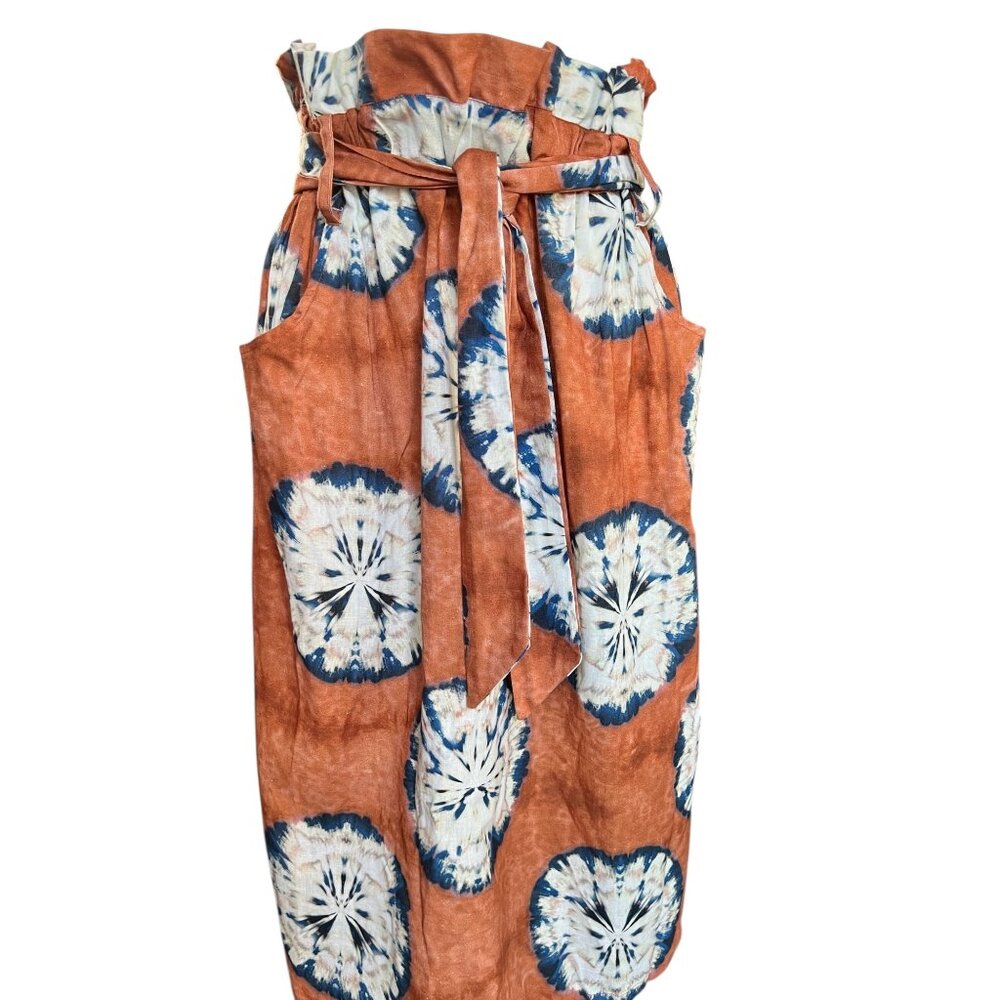 Anthropologie Porridge Skirt Size M Tie Pockets Rust Blue Off White Belt Cotton - Picture 3 of 12